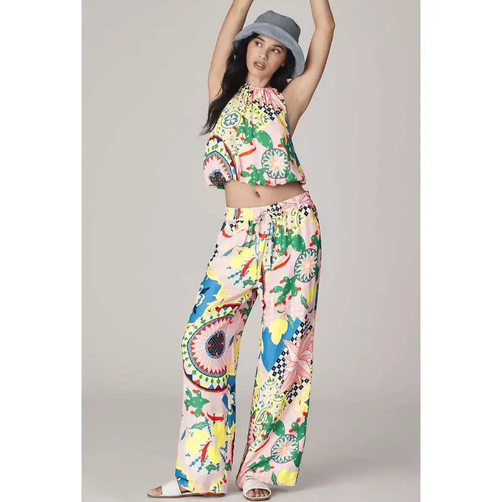 Maeve Anthropologie Pink Multicolor Print Straight Leg Silky Pull On Pants S NWT - Picture 2 of 13